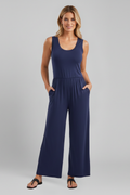 Jesie-London Stella women's wide-leg jumpsuit with round neckline and elastic waist, shown in a relaxed fit with flowing fabric.
