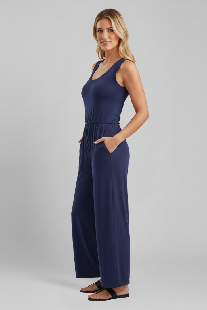 Jesie-London Stella women's wide-leg jumpsuit with round neckline and elastic waist, styled for casual or chic occasions.