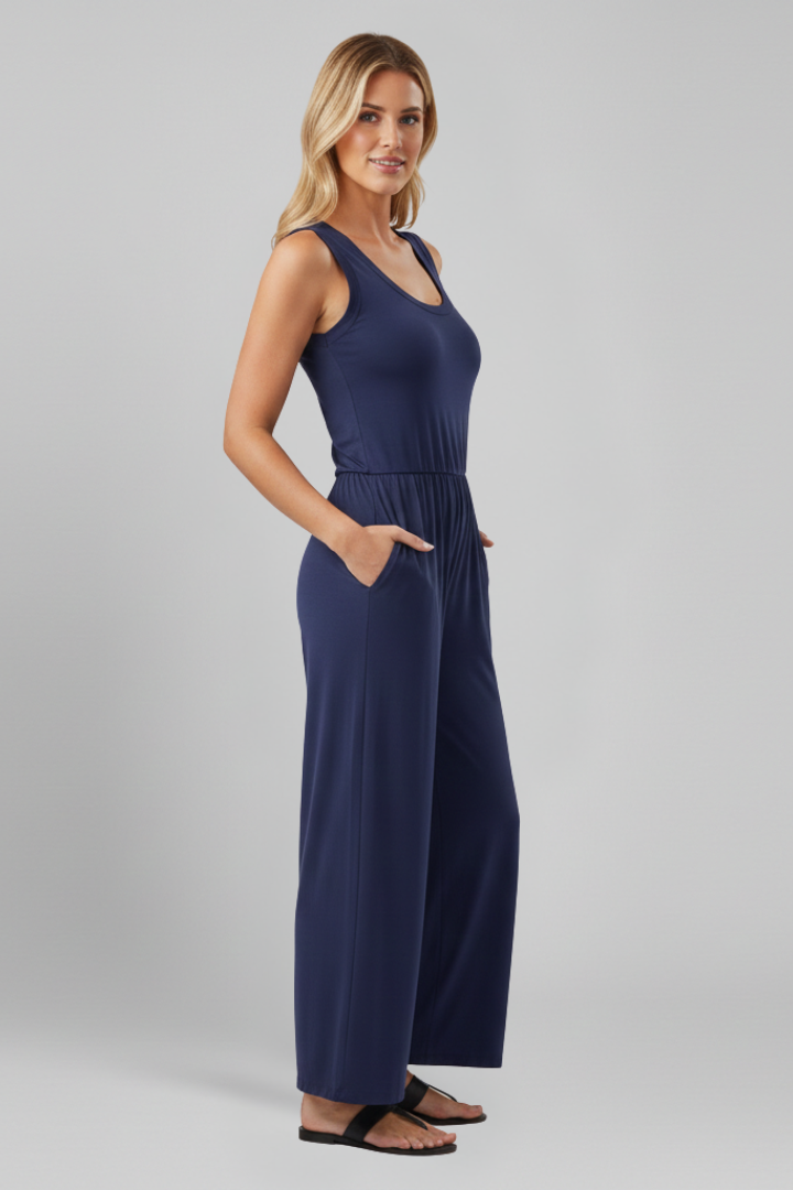 Women’s wide-leg jumpsuit with round neckline and elastic waist, designed by Jesie-London, shown in a stylish, relaxed fit.