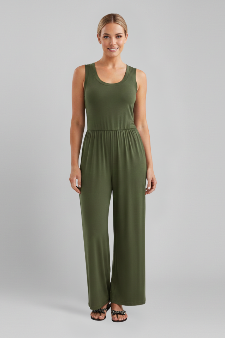 Women’s wide-leg jumpsuit by Jesie-London featuring a round neckline and elastic waist for a comfortable, stylish fit.