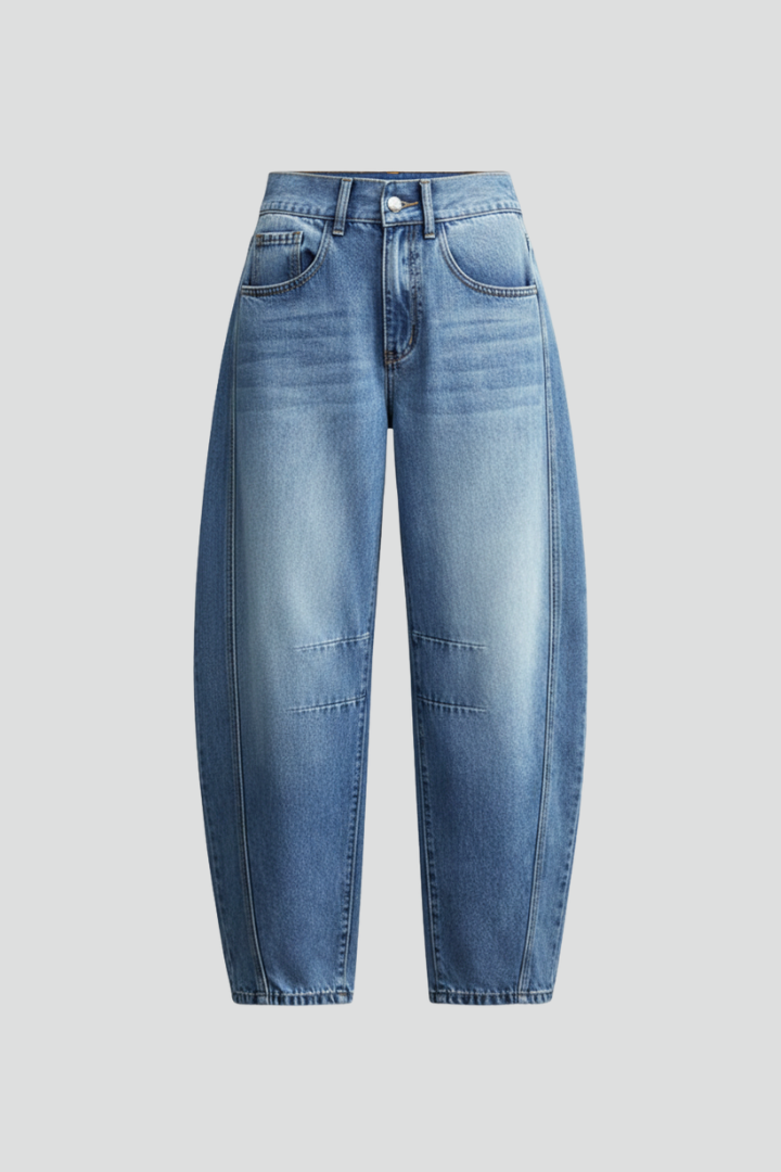Jessica women's casual mid-waist denim jeans with front closure and pockets, styled on a woman wearing casual apparel.