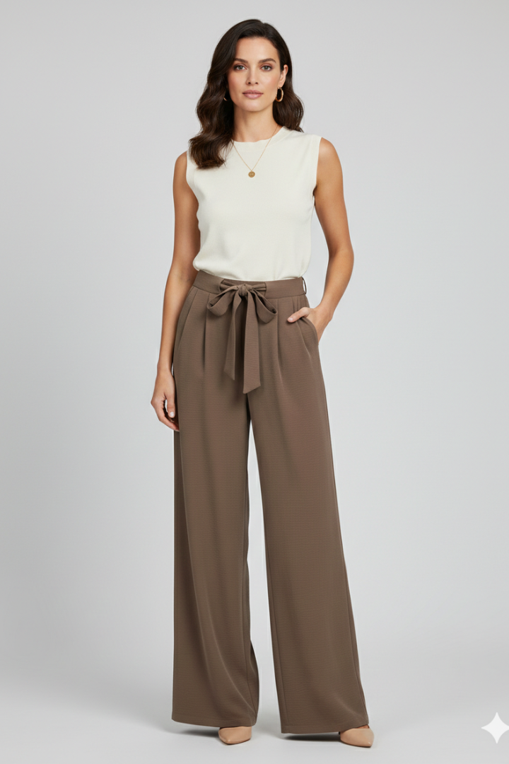 Women’s wide-leg palazzo trousers with drawstring waist and side pockets from Jesie-London, shown in a relaxed fit.