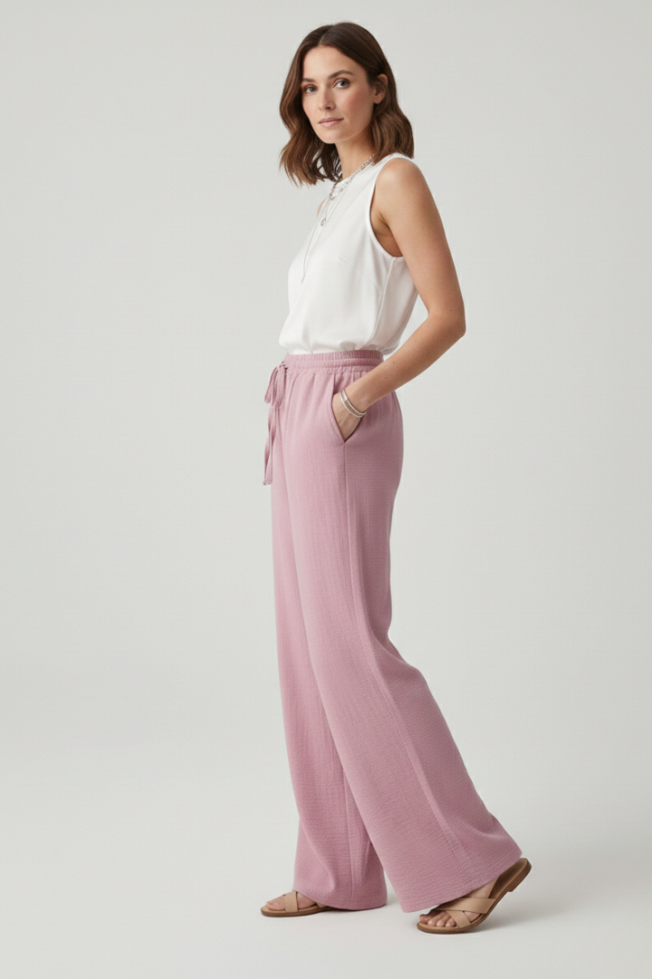 Women’s casual palazzo trousers by Jesie-London with a drawstring waist and side pockets, featuring relaxed fit and stylish comfort.
