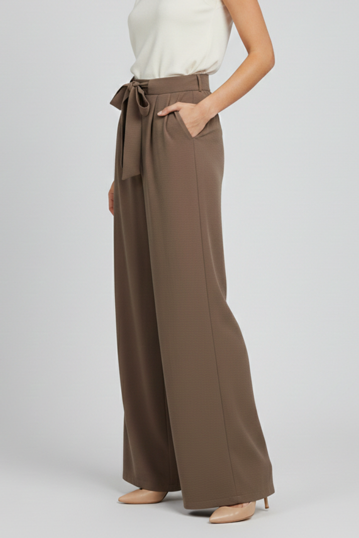 Women’s wide-leg palazzo trousers with drawstring waist and side pockets by Jesie-London. Comfortable, flowy women's trousers.