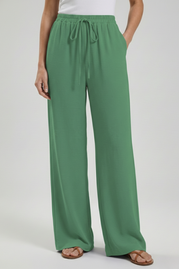 Jesie-London Catherine women's palazzo trousers with drawstring waist and side pockets, lightweight and comfortable for casual wear.