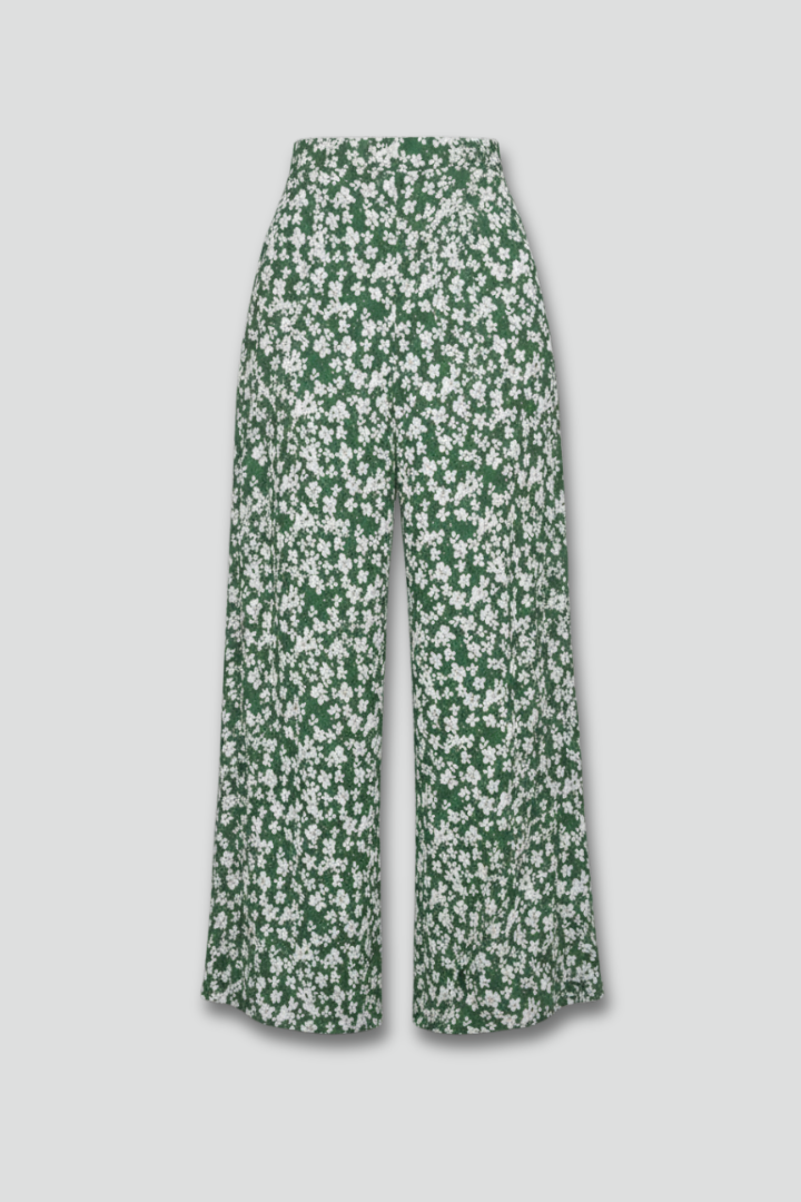 Women’s floral print palazzo trousers with wide legs from Jesie-London, showcasing flowy fabric and stylish casual design.