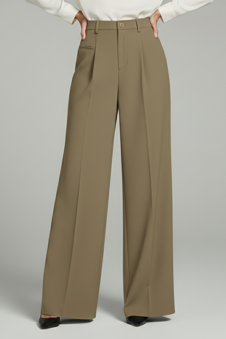 A woman wearing Jesie-London Ava women's palazzo trousers with front pleats and back pockets, stylish and comfortable for everyday wear.