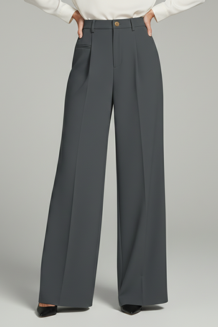 Women’s palazzo trousers by Jesie-London featuring front pleats and back pockets, styled for casual or office wear.
