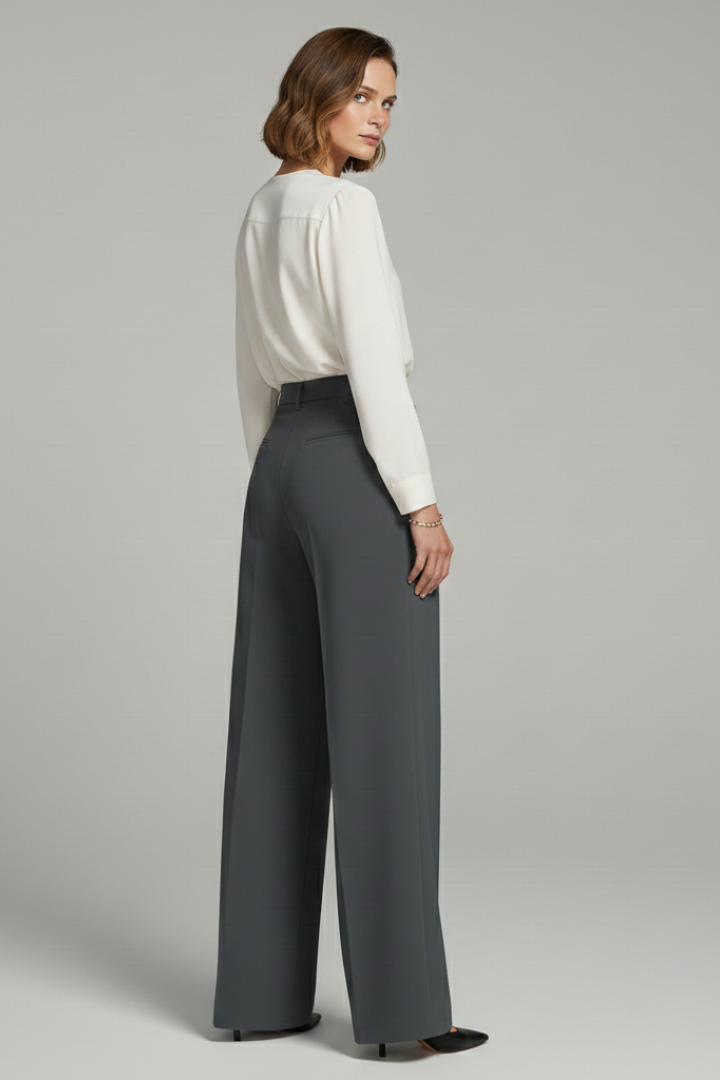 Women’s Jesie-London Ava palazzo trousers with front pleats and back pockets, showcasing a comfortable and stylish wide-leg design.