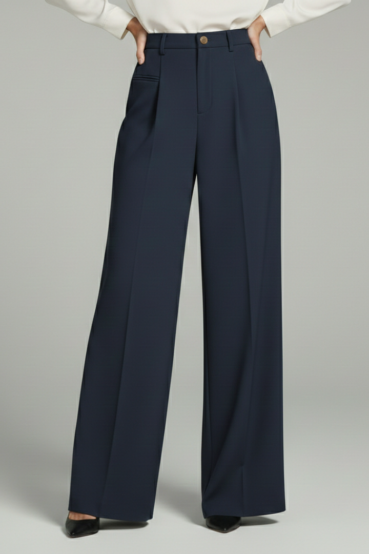 A woman wearing Jesie-London Ava palazzo trousers with front pleats and back pockets, showcasing a stylish, flowy design.