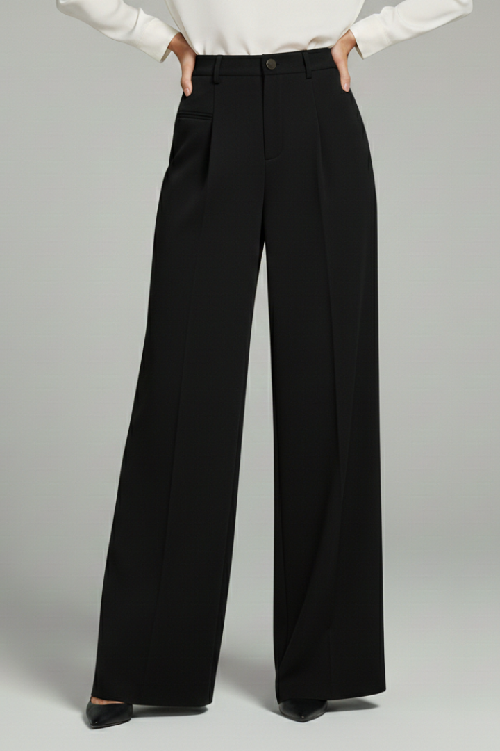 A woman wearing Jesie-London Ava women’s palazzo trousers with front pleats and back pockets, standing in a stylish indoor setting.