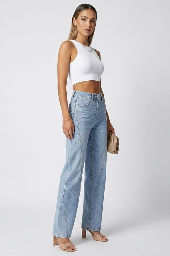 Women’s high-waist straight-leg denim jeans by Jesie-London featuring classic fit and front pockets.