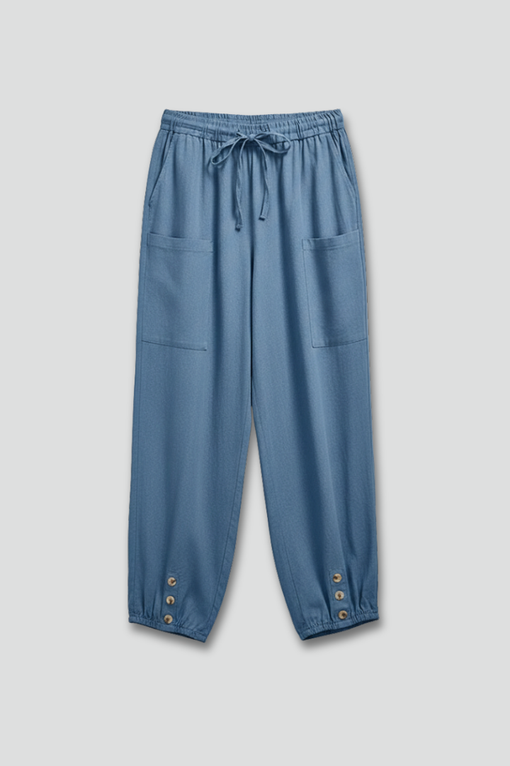 Jesie-London Amelia women's trousers with drawstring waist and button hem, showcasing a casual, stylish fit.