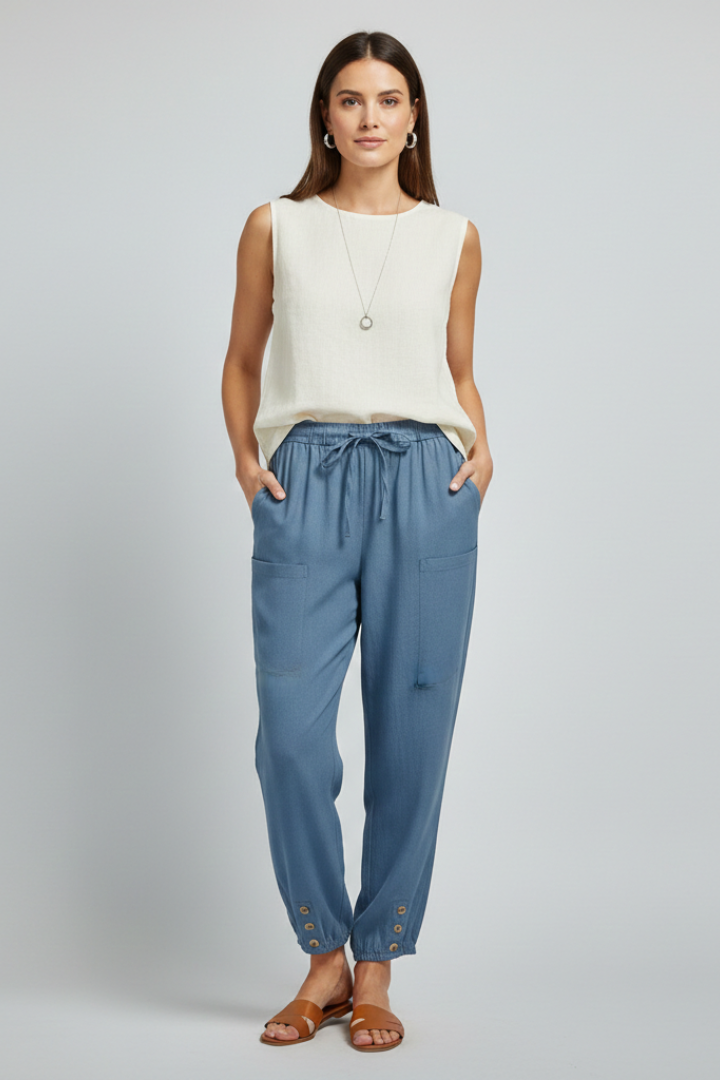 Women’s Jesie-London Amelia trousers with drawstring waist and button hem, shown on a model in a casual indoor setting.