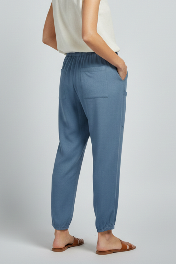 Jesie-London Amelia women's trousers featuring a drawstring waist and button hem, shown in a stylish, relaxed fit.