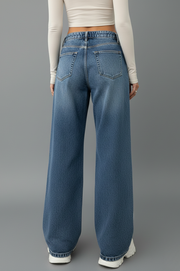 Women’s relaxed wide-leg denim jeans with drawstring waist and side stripe, by Jesie-London, shown on a model.