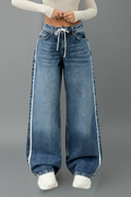 Jesie-London Harper women's relaxed wide-leg denim jeans with drawstring waist and side stripe detail