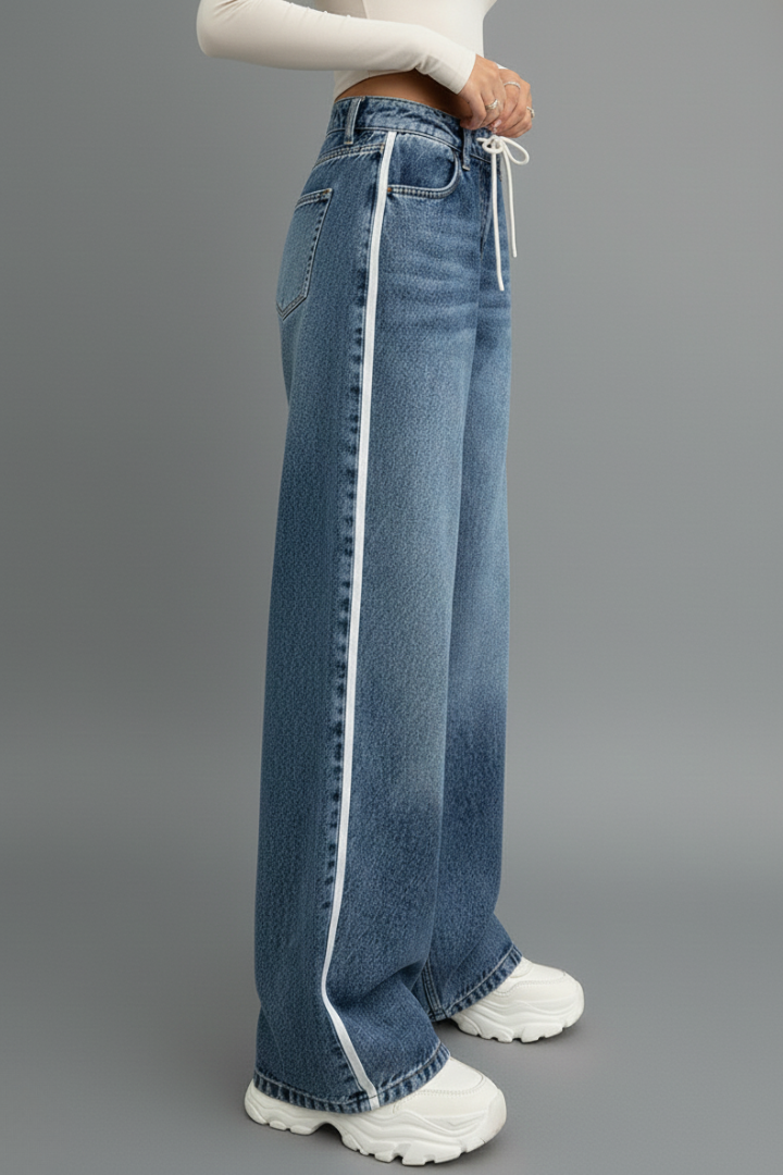 Women’s relaxed wide-leg denim jeans with drawstring waist and side stripe detail, by Jesie-London.