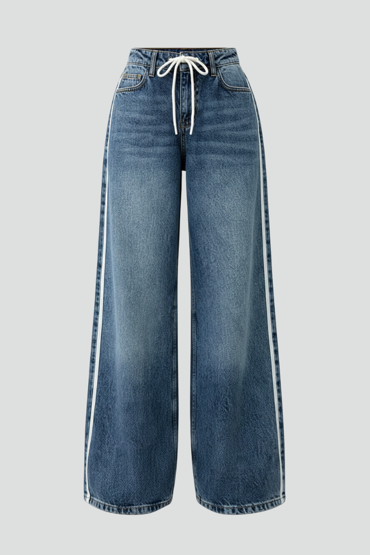 Jesie-London Harper women’s relaxed wide-leg denim jeans with drawstring waist and side stripe detail, full-length view