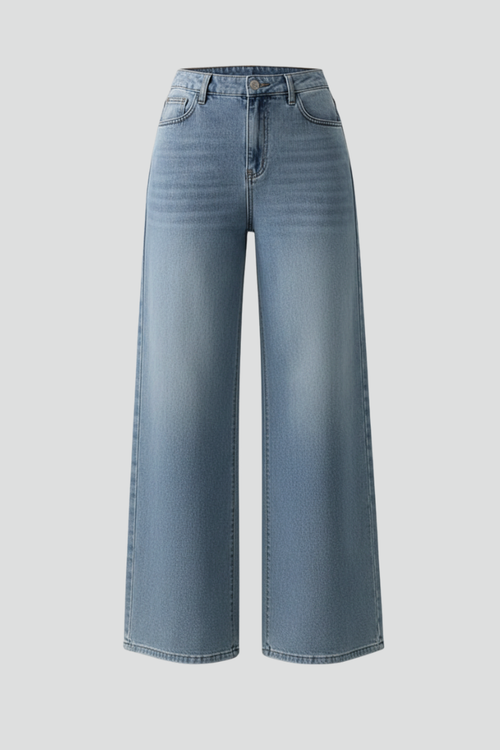 Ariel Jesie-London women's high-rise wide-leg denim jeans with front closure and long hem, styled on a model.