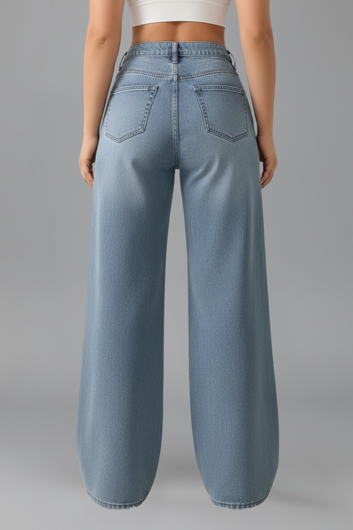 Ariel Jesie-London women's high-rise wide-leg denim jeans with front closure and long hem, styled on a model.
