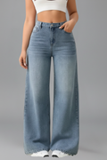 Ariel women's high-rise wide-leg denim jeans by Jesie-London, featuring front closure and long hem, displayed on a white background.