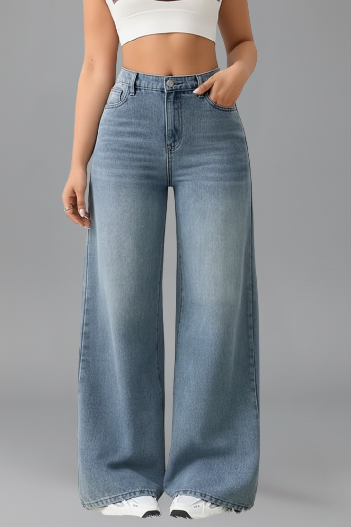 Ariel women's high-rise wide-leg denim jeans by Jesie-London, featuring front closure and long hem, displayed on a white background.
