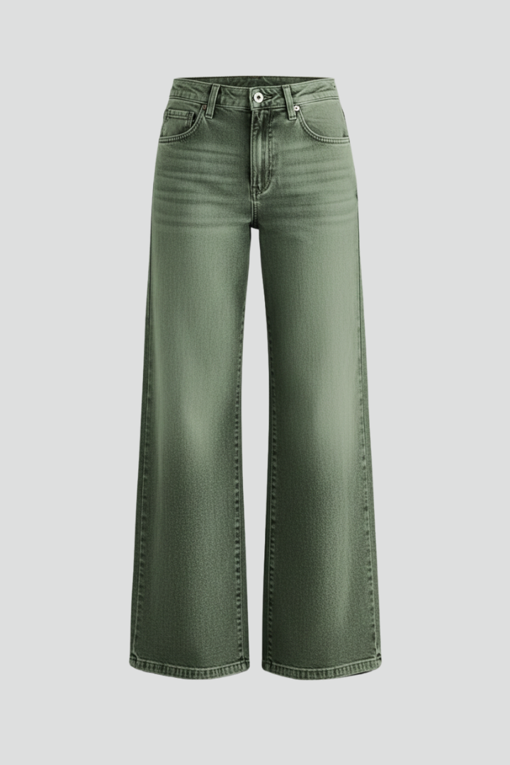 Women’s wide-leg high-rise denim jeans by Jesie-London featuring front closure and casual style.