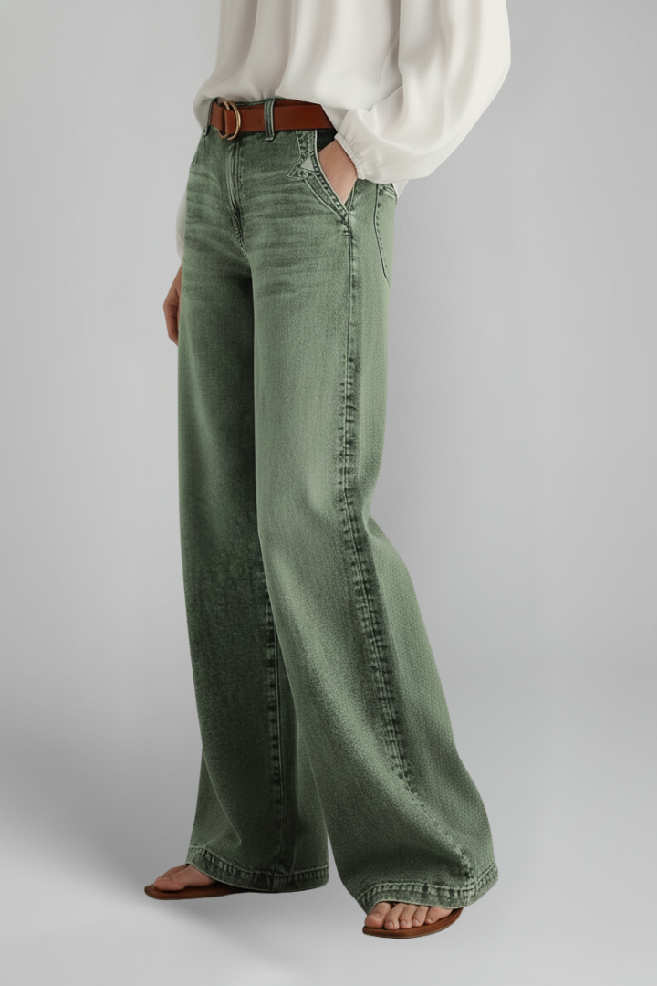 Women’s casual wide-leg high-rise denim jeans by Jesie-London with front closure and relaxed fit, shown from the front.