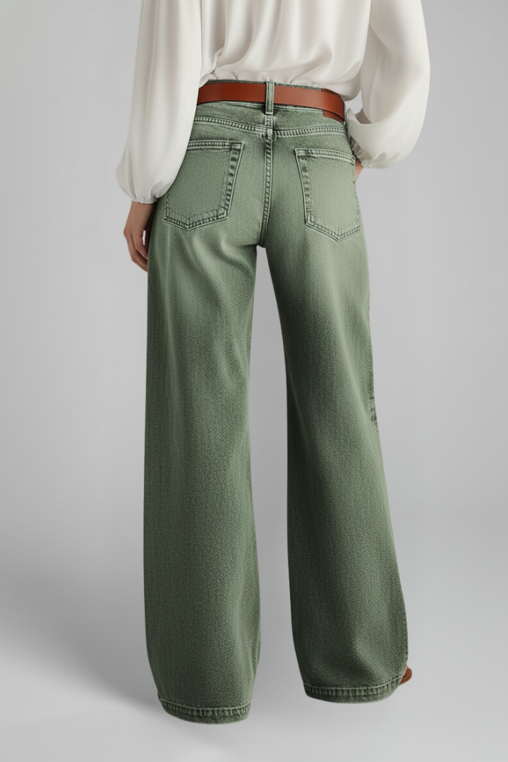Jesie-London women's casual wide-leg denim jeans with high-rise waist and front closure, styled for a relaxed fit.