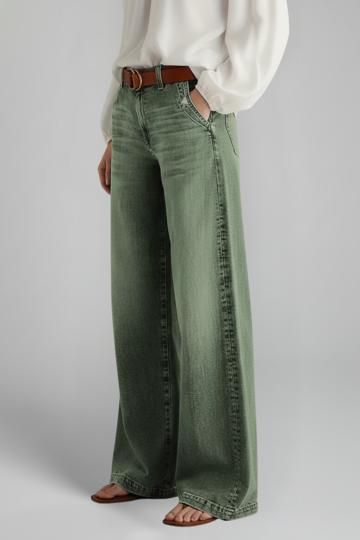 Women’s high-rise wide-leg denim jeans by Jesie-London with front closure and casual fit, shown on a model.