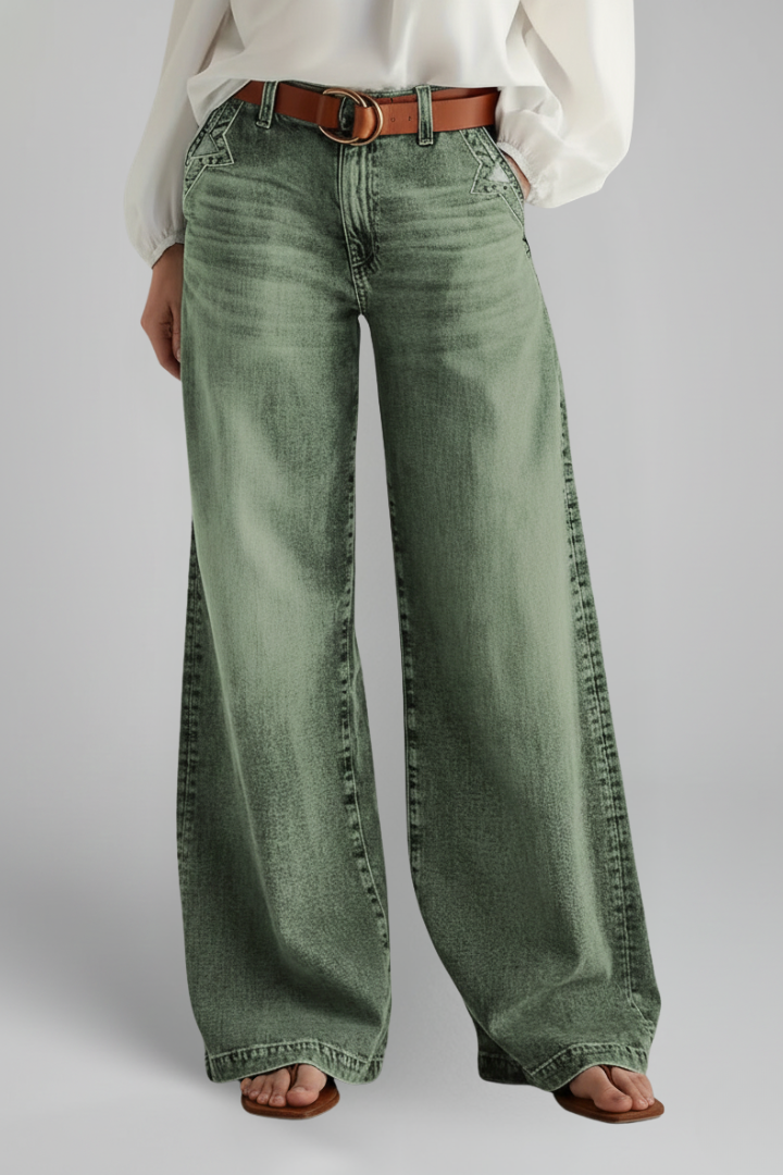 Women’s casual wide-leg high-rise denim jeans by Jesie-London, featuring a front closure and relaxed fit.