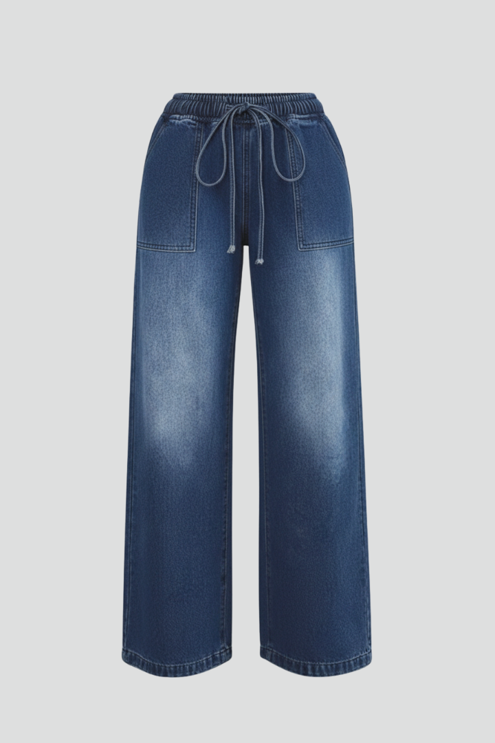 Women’s casual wide-leg trousers with drawstring waist and patch pockets from Jesie-London, styled for a relaxed, comfortable look.