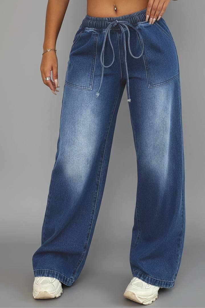 Jesie-London Chloe women's casual wide-leg trousers with drawstring waist and patch pockets, shown in a relaxed fit style.