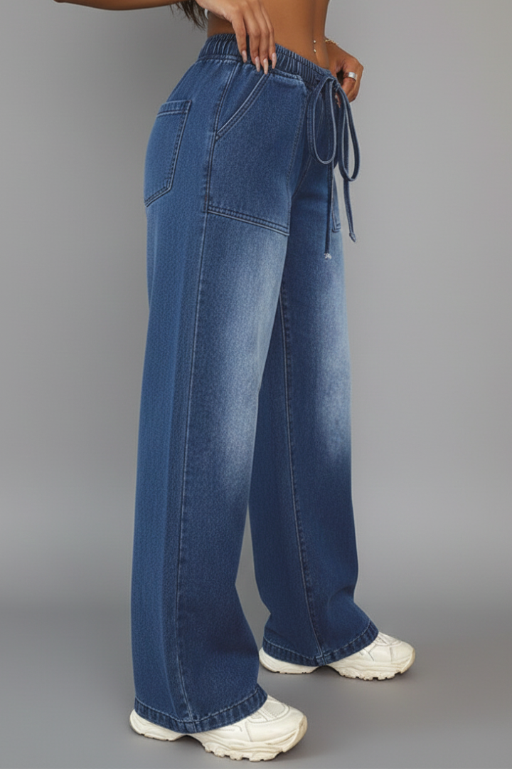 Jesie-London Chloe women's casual wide-leg trousers with drawstring waist and patch pockets, styled for comfort and relaxed fit.