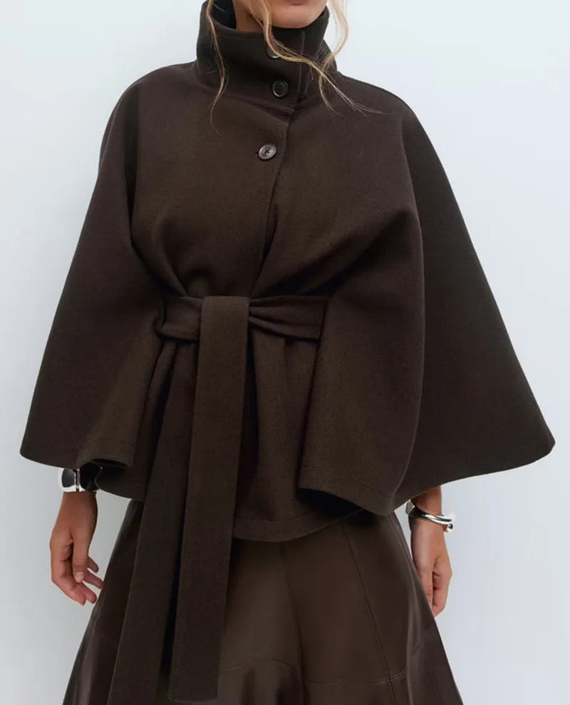 Jesie-London Daisy women's spring belted high-neck cape coat with funnel neck and cape sleeves, stylish and lightweight for spring.