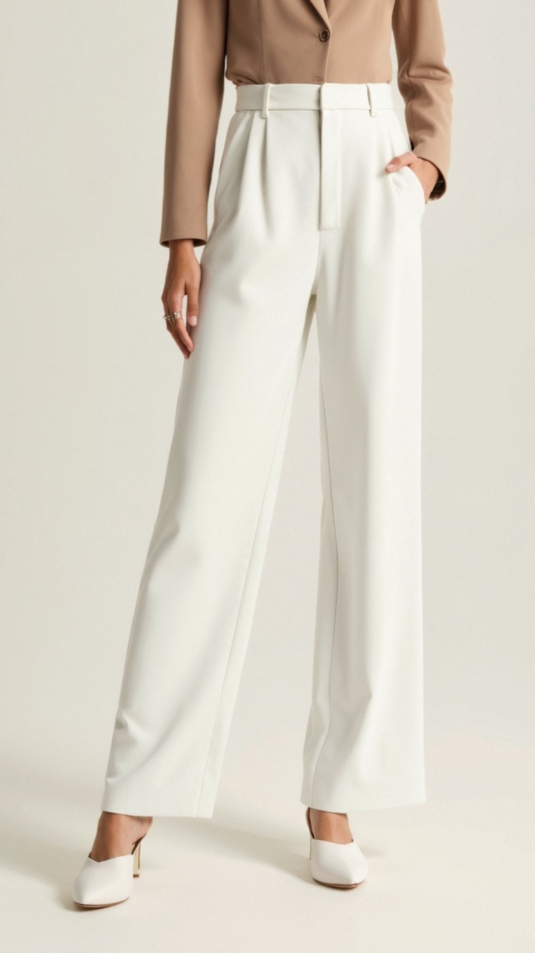 Jessica women's spring high-waist wide-leg trousers with pleated front, in a lightweight fabric, styled for a chic, casual look.