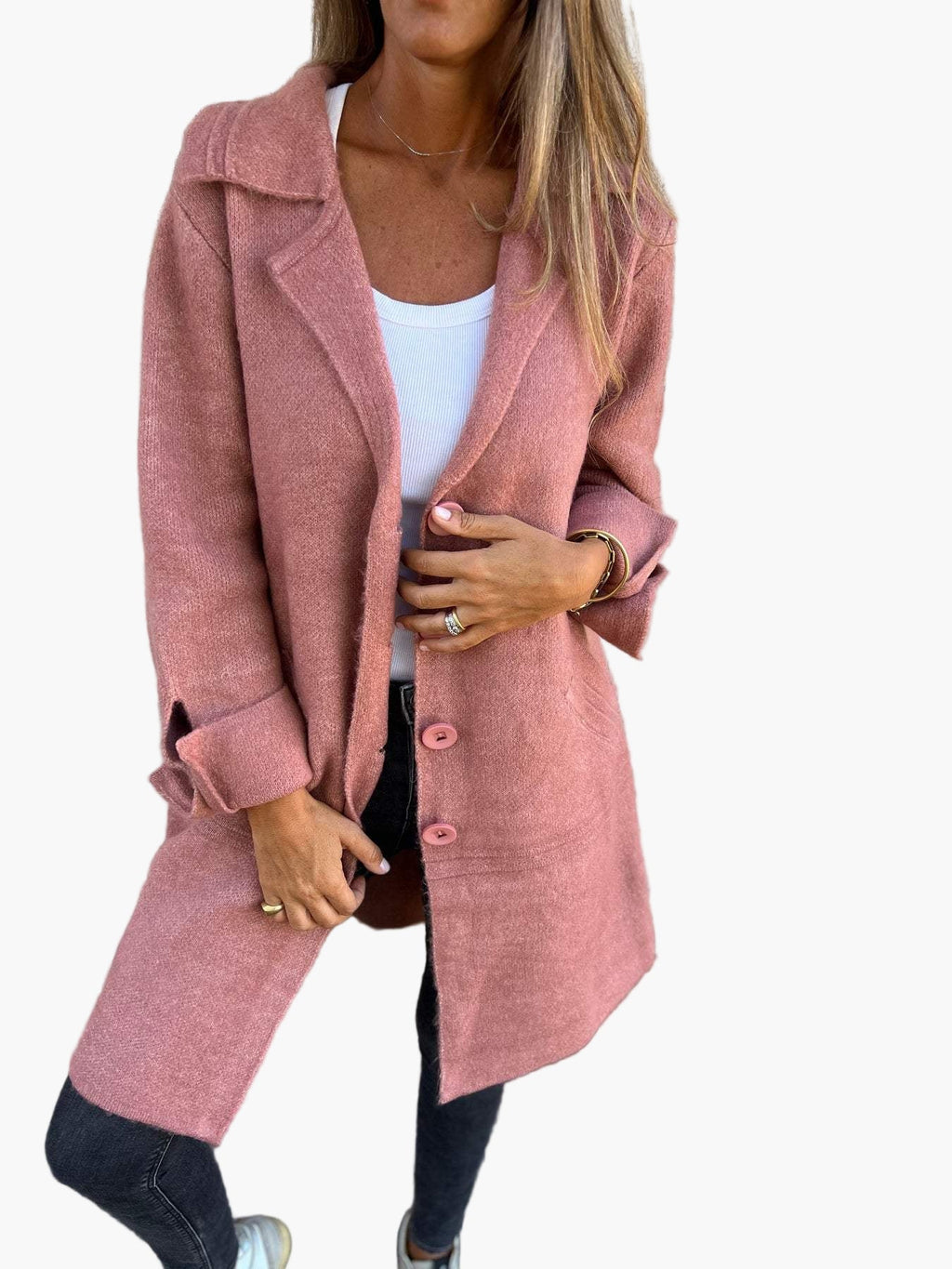 Women’s cozy oversized button-down trench coat by Jesie-London, featuring a relaxed fit and classic design in a neutral color.
