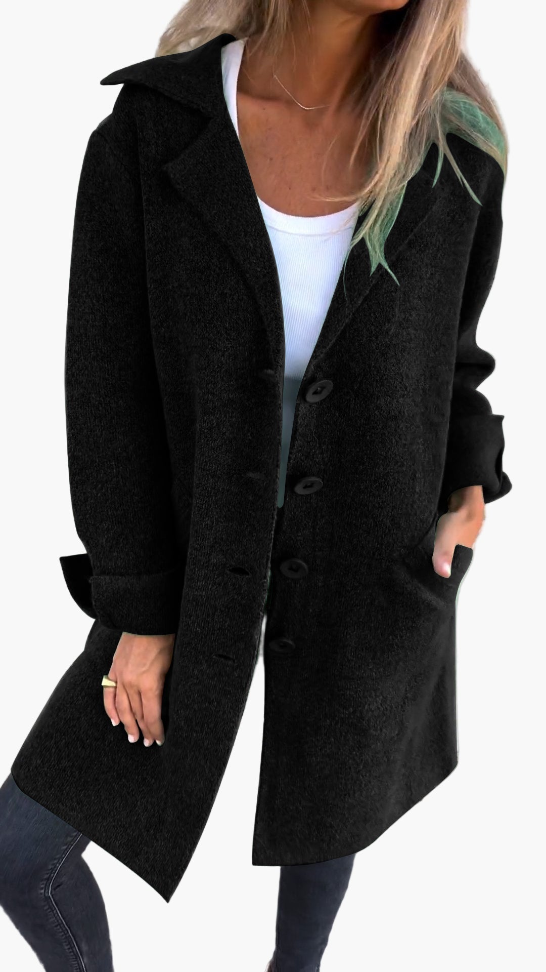 Jesie-London Lauren women's oversized button-down trench coat in cozy fabric, shown on a model with a neutral background.