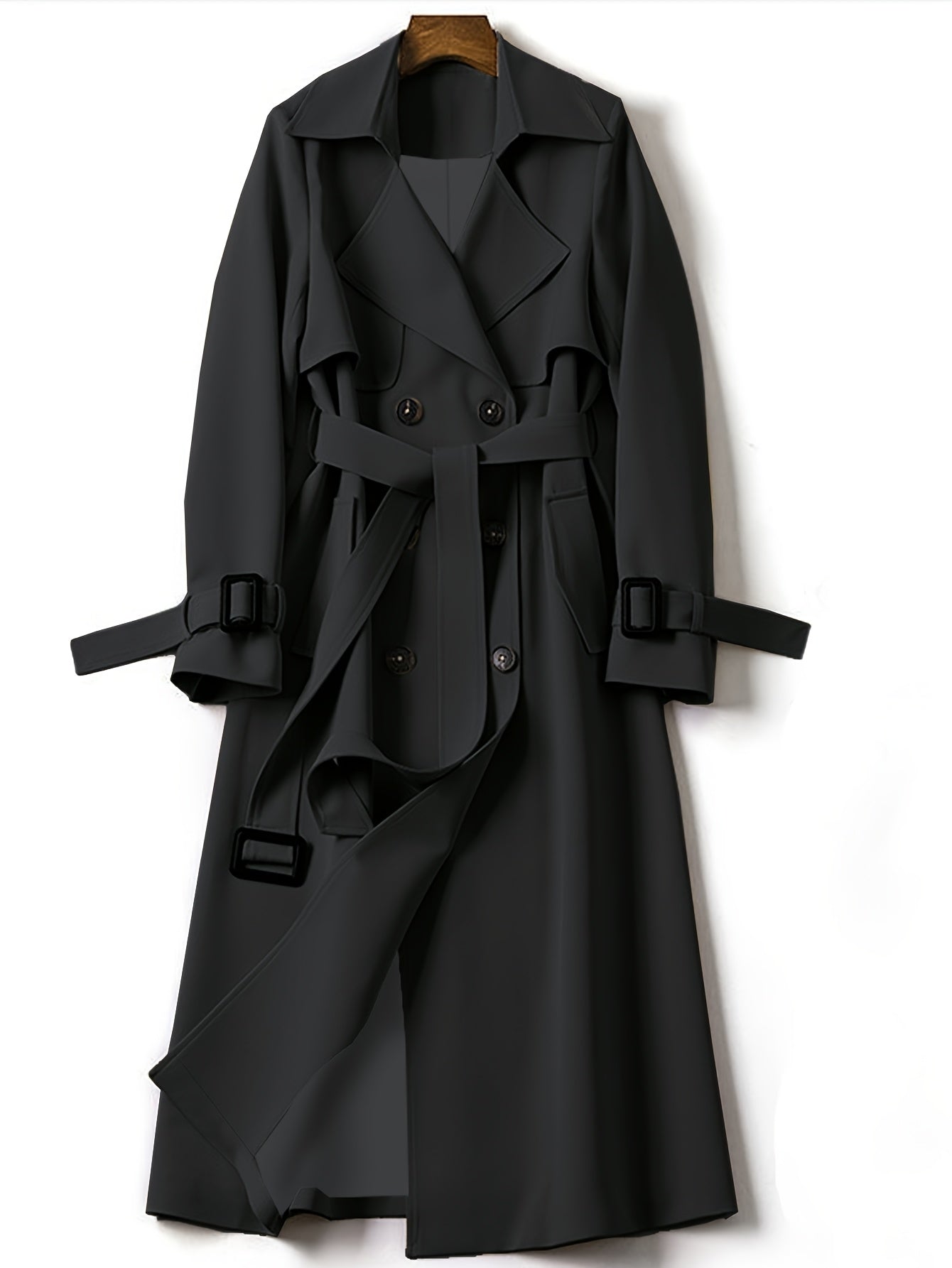 Women’s longline office trench coat by Jesie-London, elegant and tailored, shown in a stylish beige color on a model.