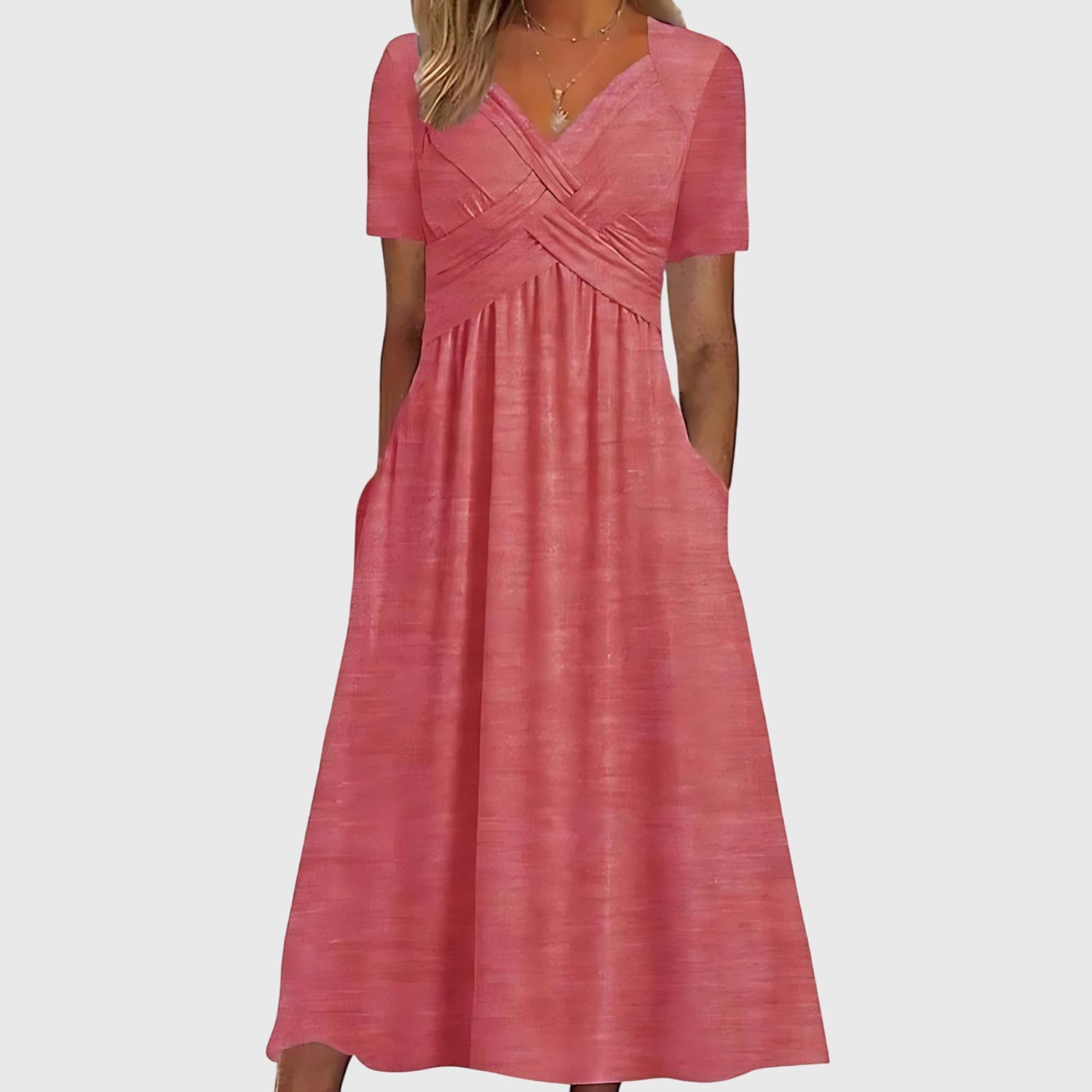 Jesie-London Megan women's V-neck flowy midi dress displayed on hanger with soft fabric and elegant silhouette.