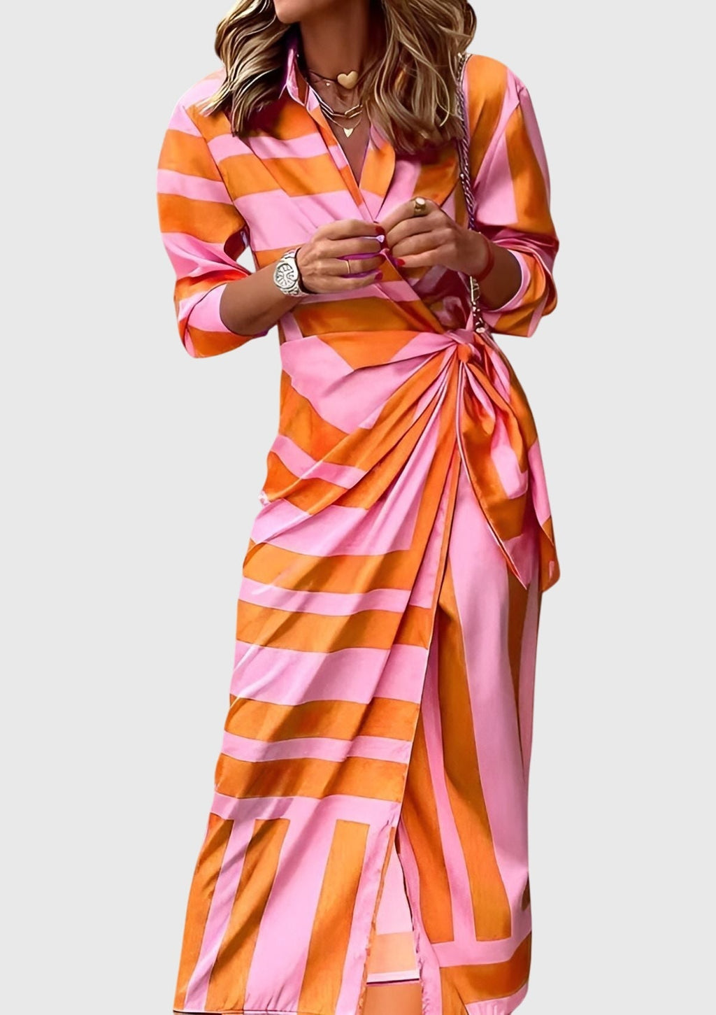 Emma women's striped wrap midi dress by Jesie-London, featuring a stylish wrap design and mid-length silhouette.