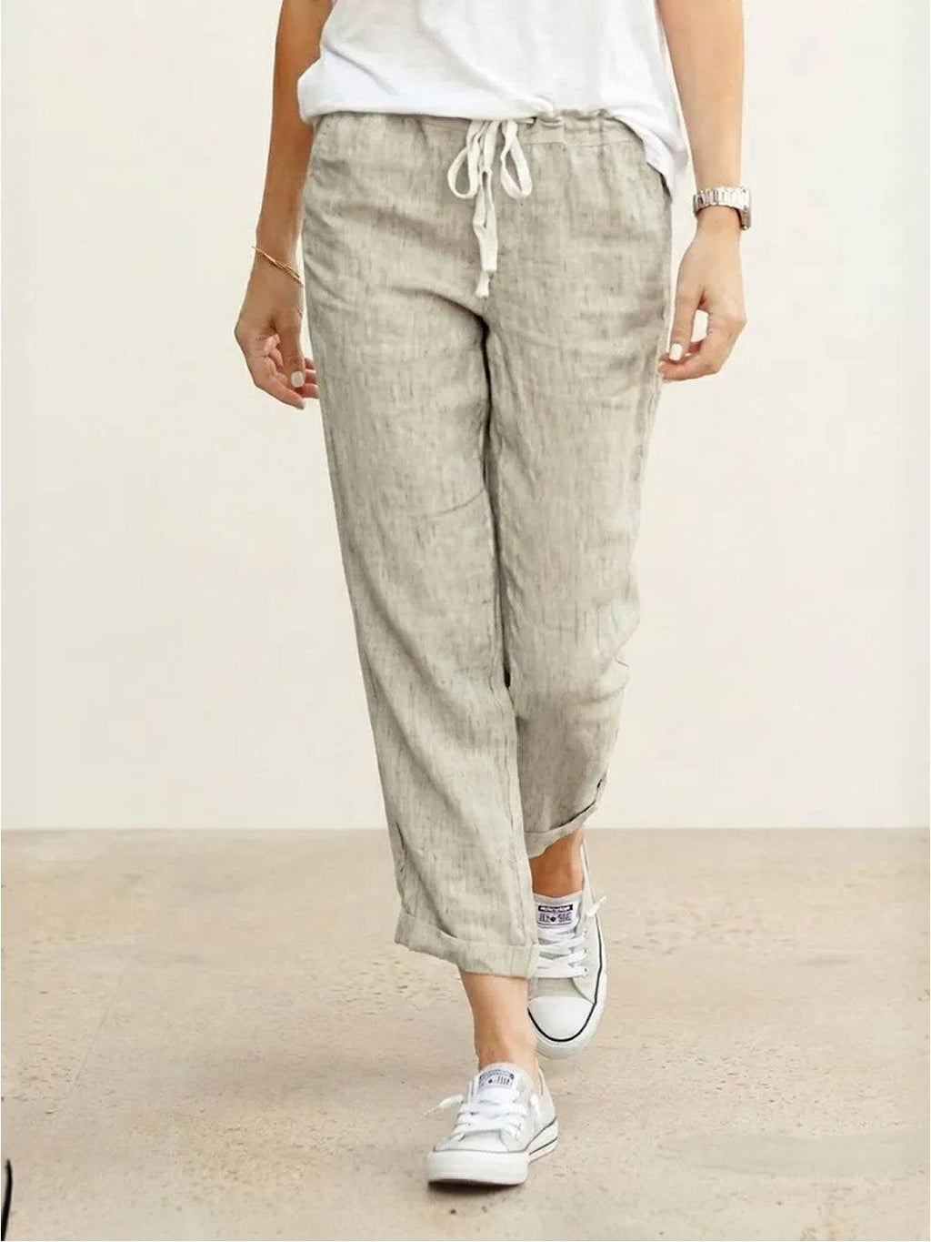 Jesie-London Emily women's casual slim fit pants with drawstring waist and relaxed straight-leg style, shown in breezy fabric.