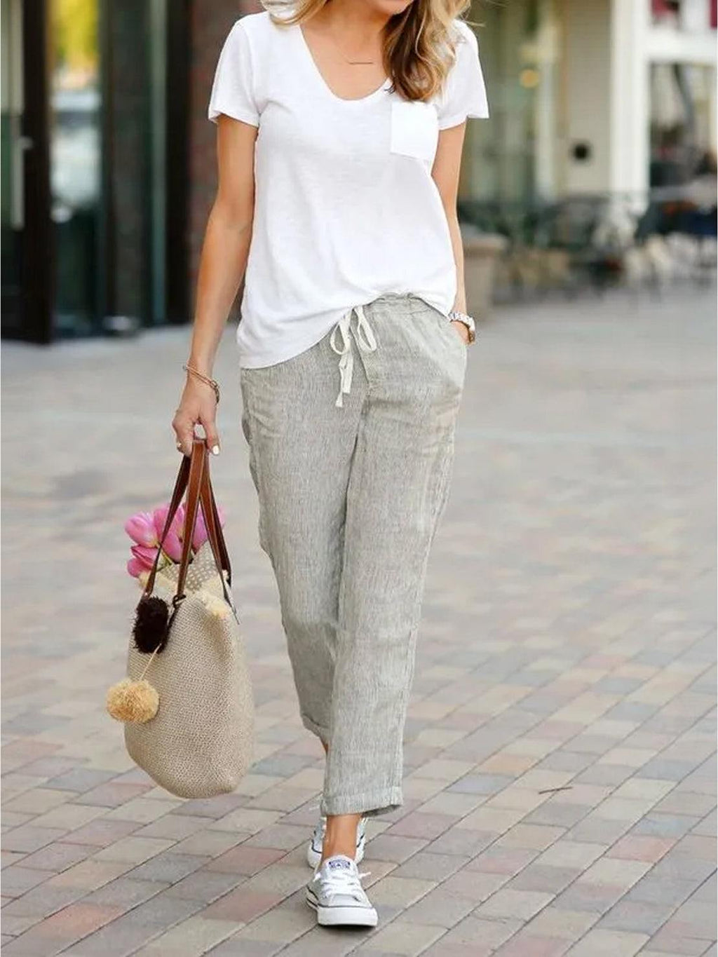 Emily women's casual slim fit pants with drawstring waist, relaxed straight-leg style by Jesie-London, shown in breezy fabric.