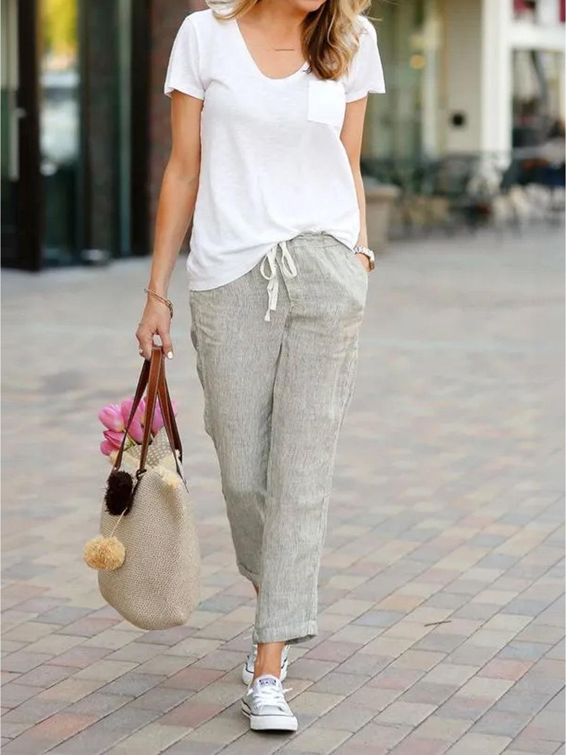 Emily women's casual slim fit pants with drawstring waist, relaxed straight-leg style by Jesie-London, shown in breezy fabric.