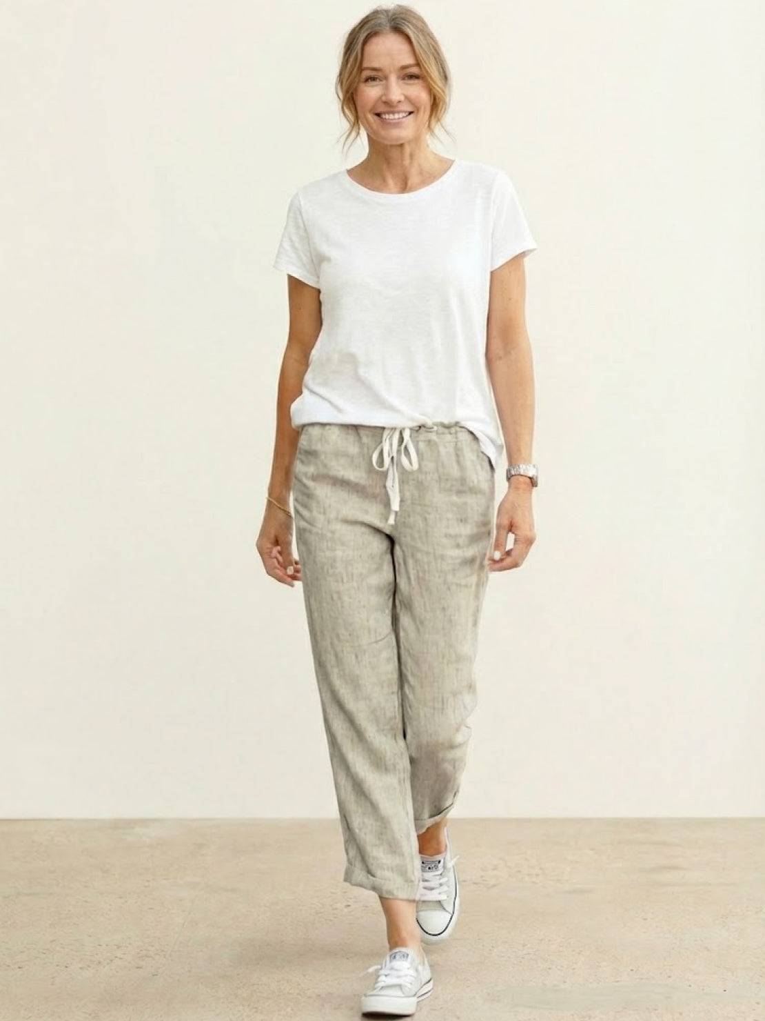 Jesie-London Emily women's casual slim fit straight pants with drawstring waist, relaxed and breezy for everyday wear.
