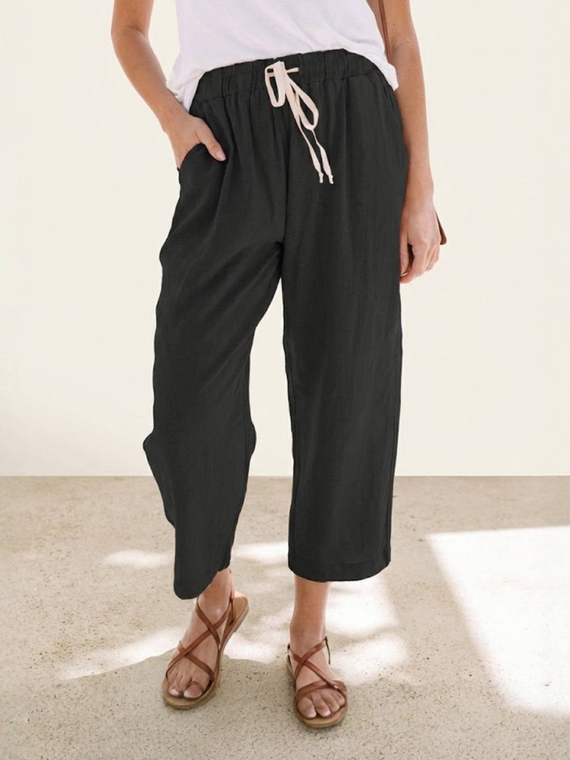 Emily women's casual slim fit pants with drawstring waist, relaxed straight-leg style by Jesie-London, shown in breezy fabric.