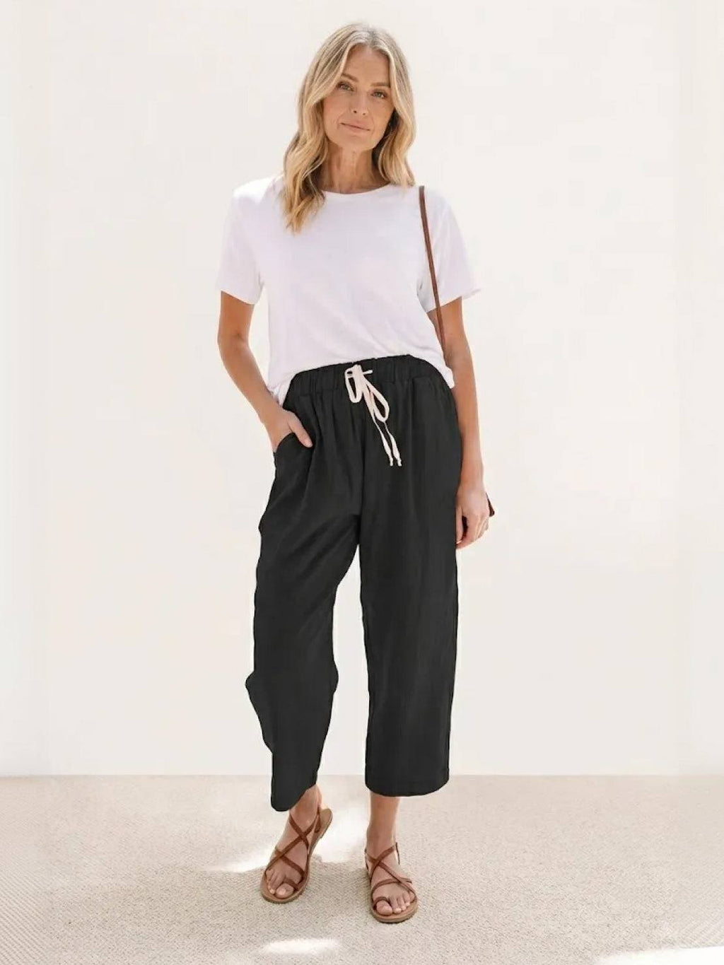 Emily women's casual slim fit pants with drawstring waist, relaxed straight-leg style by Jesie-London, shown in breezy fabric.