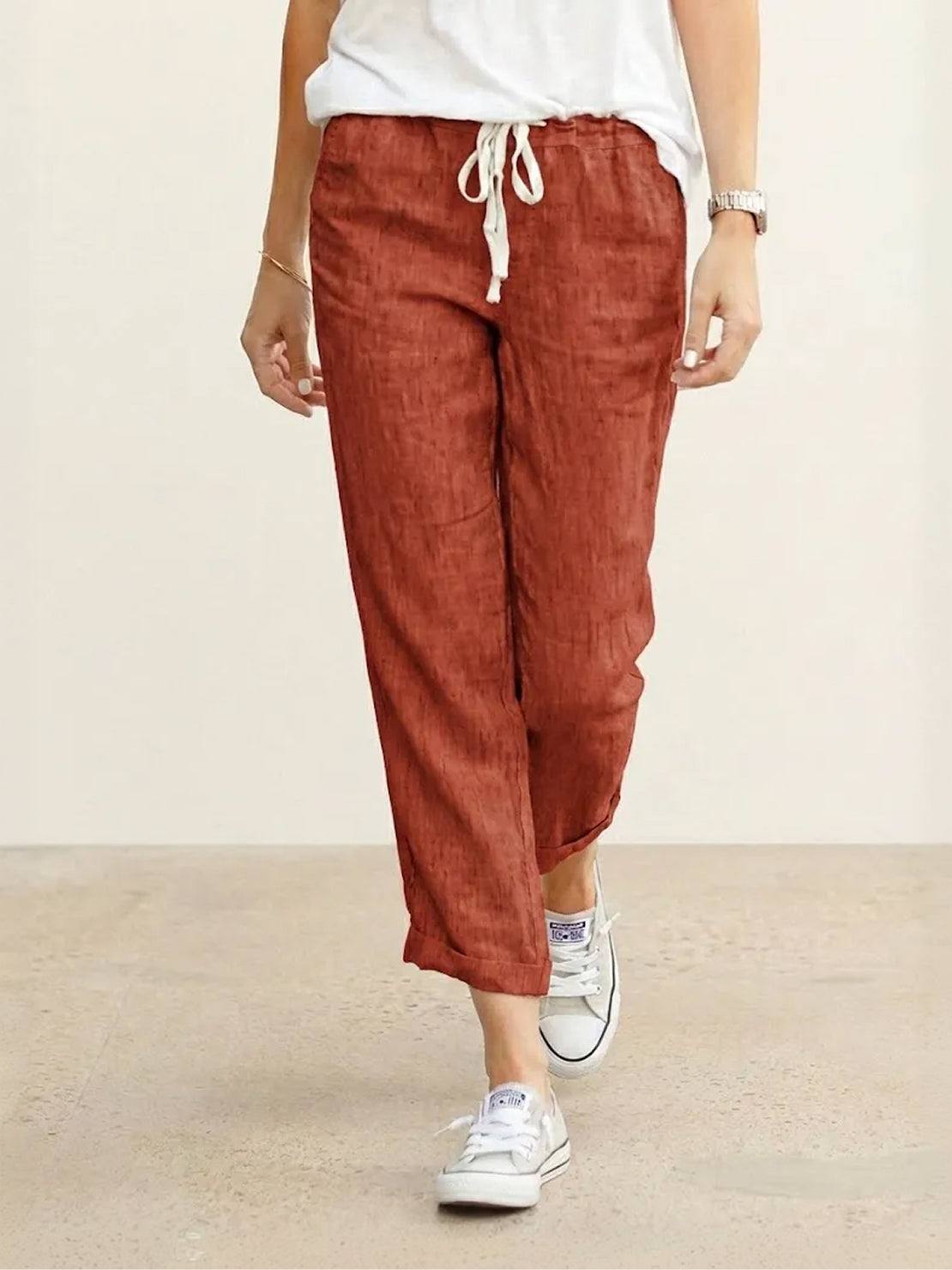 Jesie-London Emily women's casual slim fit pants with drawstring waist, breezy relaxed straight-leg style.