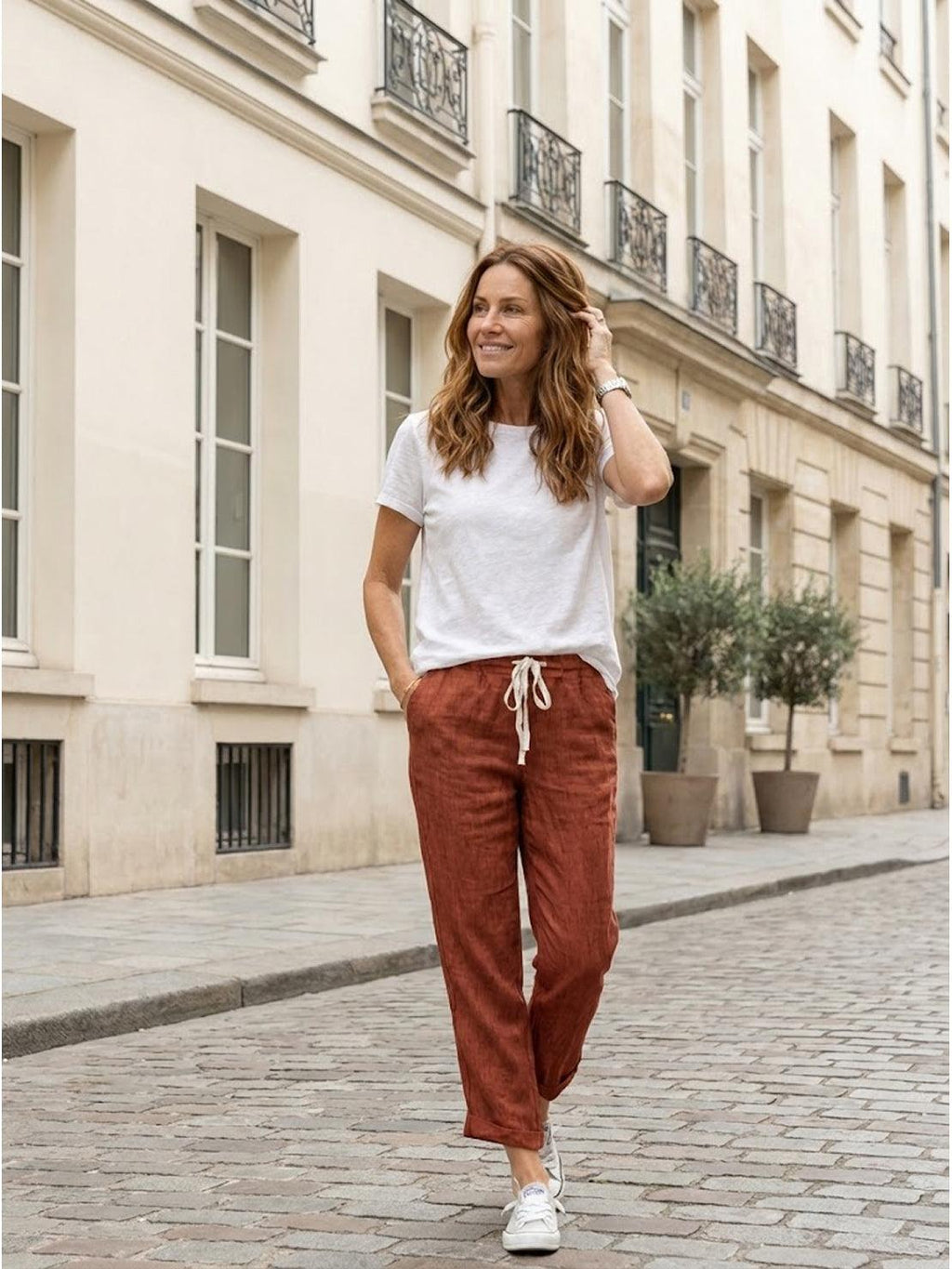 Jesie-London Emily women's casual slim-fit pants with drawstring waist and relaxed straight-leg style, ideal for comfortable everyday wear.